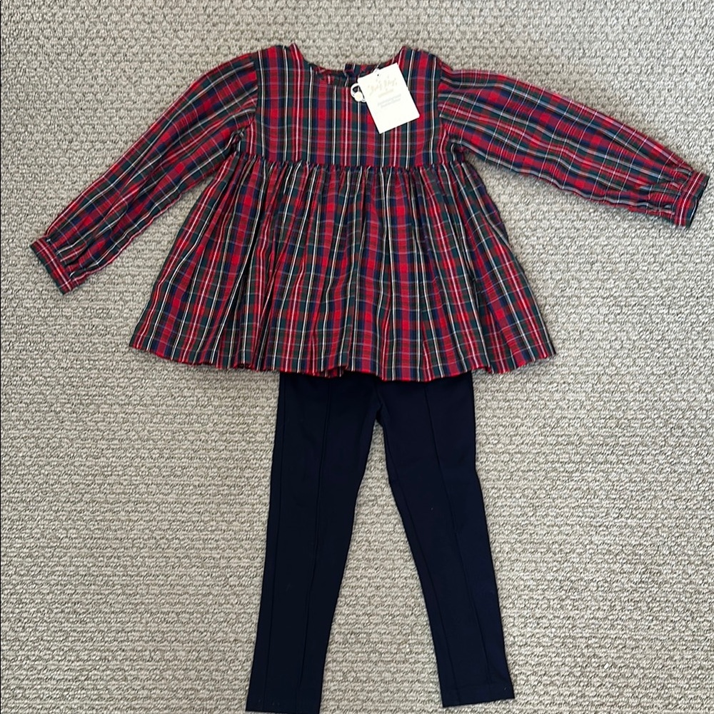 Rachel Riley Tartan Plaid Babydoll Top with Navy Leggings